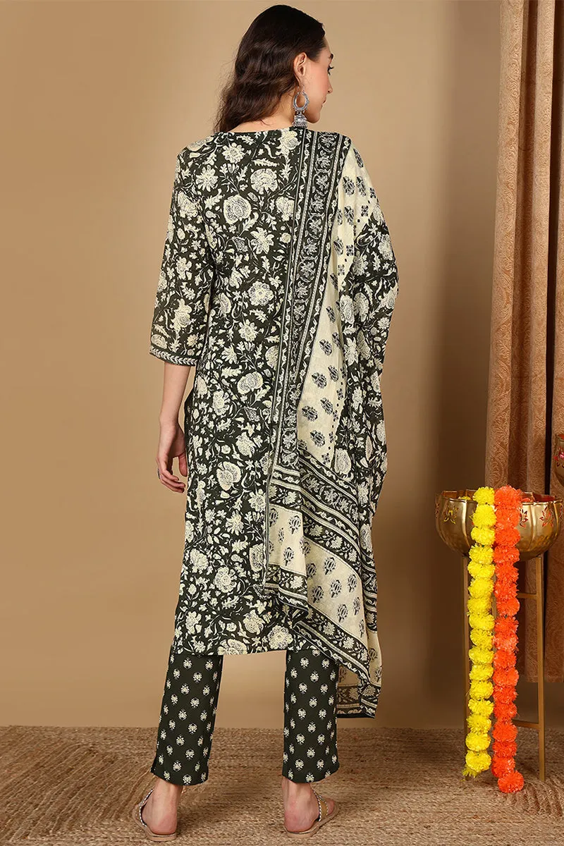 Green Pure Cotton Floral Printed Angrakha Style Suit Set