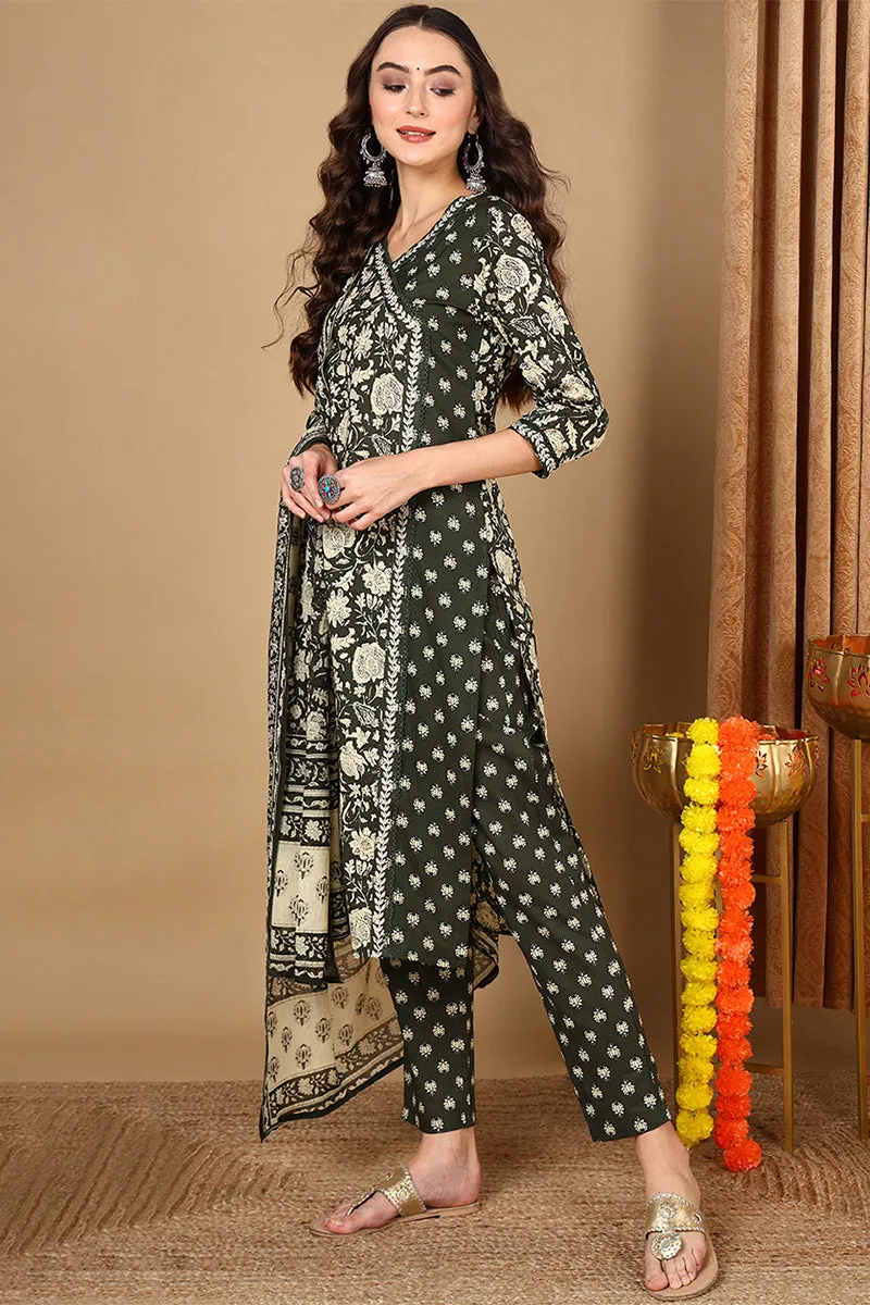 Green Pure Cotton Floral Printed Angrakha Style Suit Set