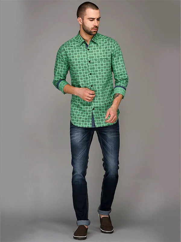 Greenfibre Light Green Printed Slim Fit Casual Shirt