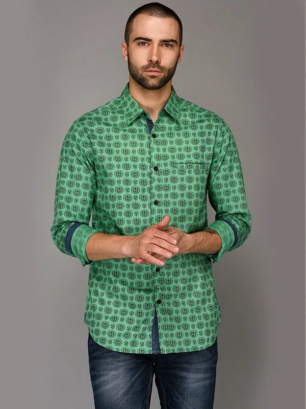 Greenfibre Light Green Printed Slim Fit Casual Shirt