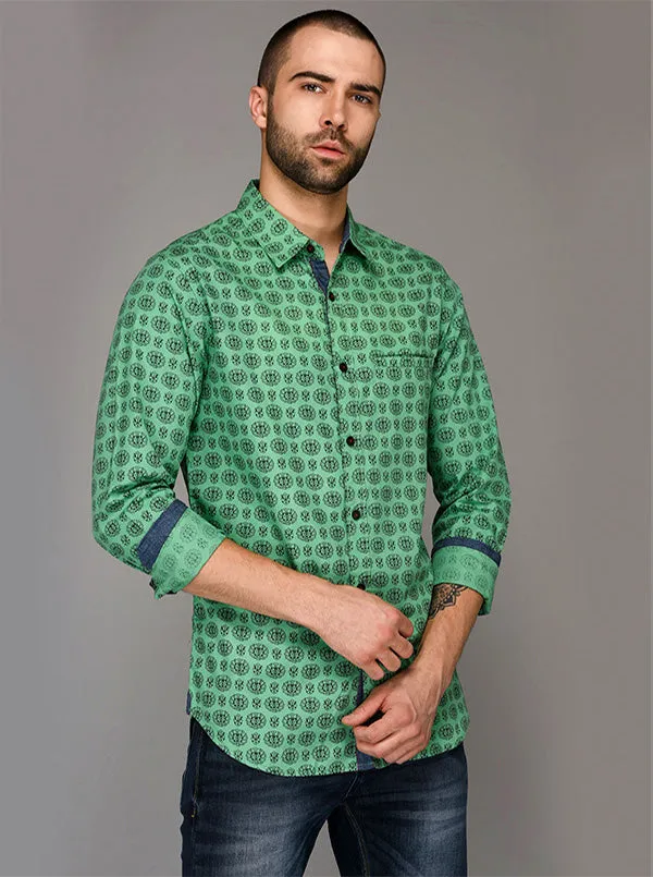 Greenfibre Light Green Printed Slim Fit Casual Shirt