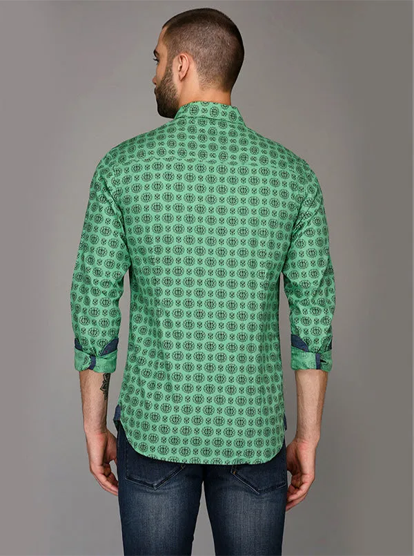 Greenfibre Light Green Printed Slim Fit Casual Shirt