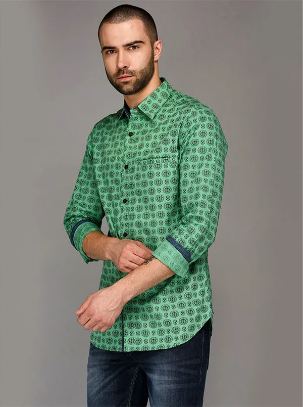 Greenfibre Light Green Printed Slim Fit Casual Shirt