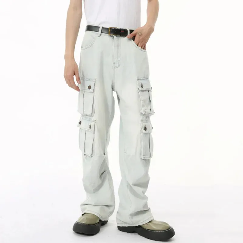 High Street Men's Denim Pants Loose Washed Multi-pocket Overall Straight Wide Leg Male Jeans Autumn Stylish 9C6833