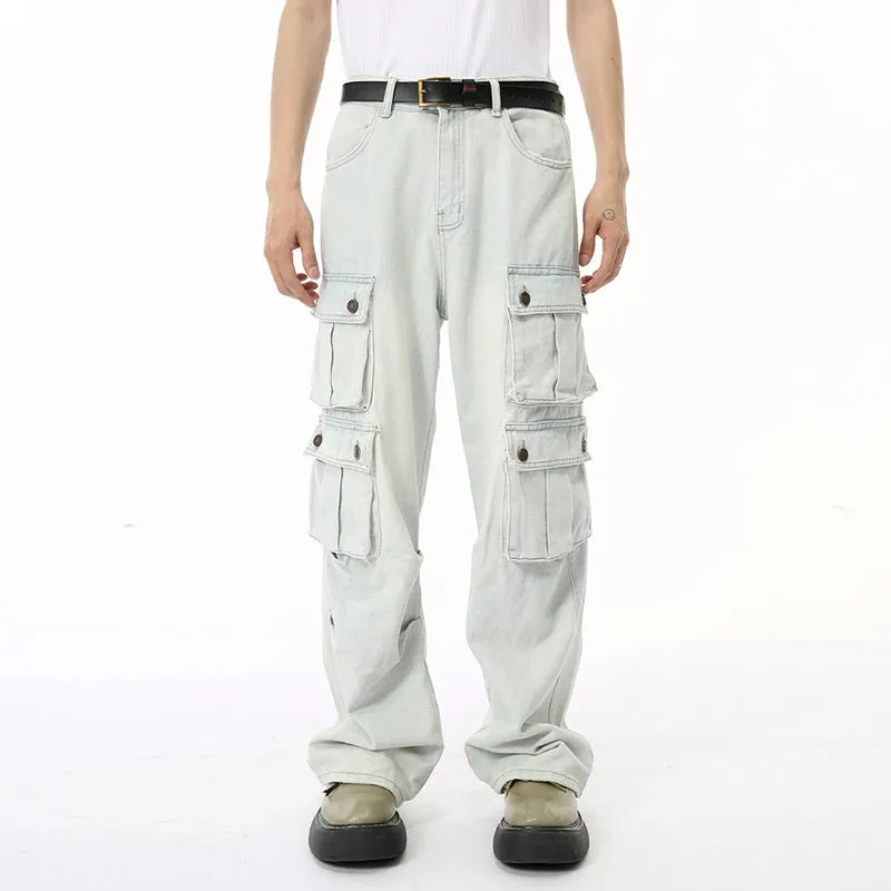 High Street Men's Denim Pants Loose Washed Multi-pocket Overall Straight Wide Leg Male Jeans Autumn Stylish 9C6833