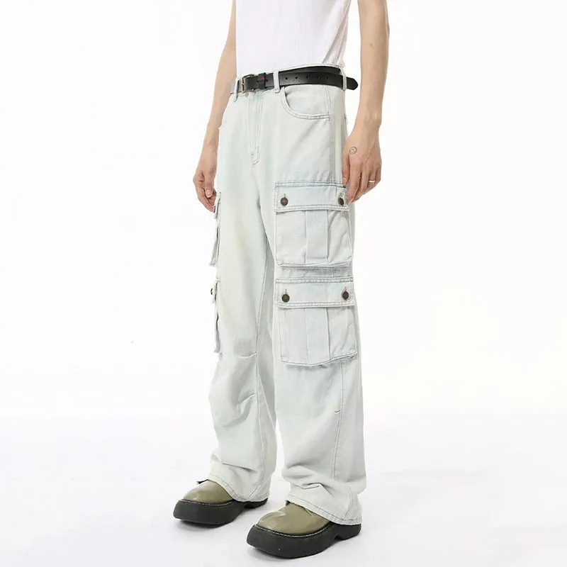 High Street Men's Denim Pants Loose Washed Multi-pocket Overall Straight Wide Leg Male Jeans Autumn Stylish 9C6833