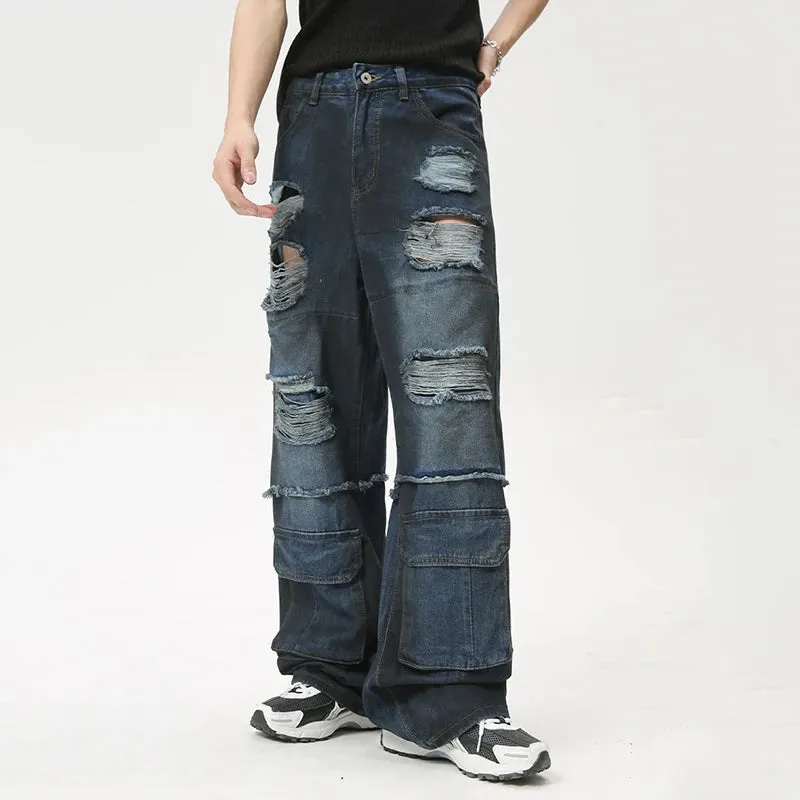 High Street Men's Jeans Loose Hole Worn-out Big Pocket Niche Design Male Straight Denim Pants Summer Stylish 9C6161