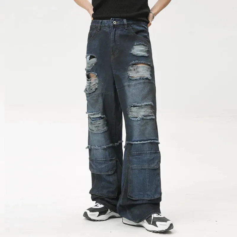 High Street Men's Jeans Loose Hole Worn-out Big Pocket Niche Design Male Straight Denim Pants Summer Stylish 9C6161