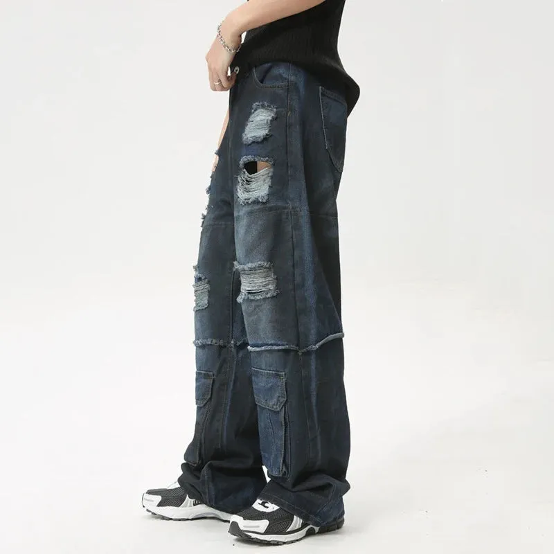 High Street Men's Jeans Loose Hole Worn-out Big Pocket Niche Design Male Straight Denim Pants Summer Stylish 9C6161