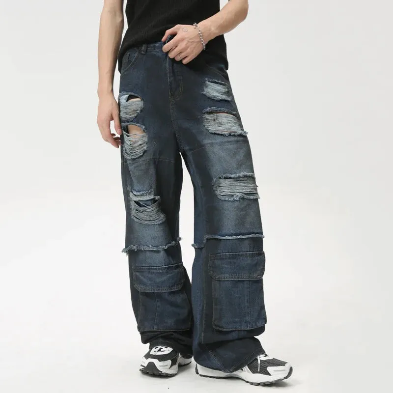 High Street Men's Jeans Loose Hole Worn-out Big Pocket Niche Design Male Straight Denim Pants Summer Stylish 9C6161