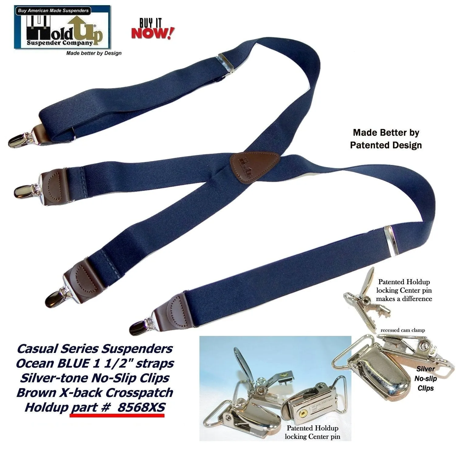 Holdup Brand Ocean Blue Casual Series Men's Suspenders in X-back Style and USA Patented No-slip Silver-tone Clips