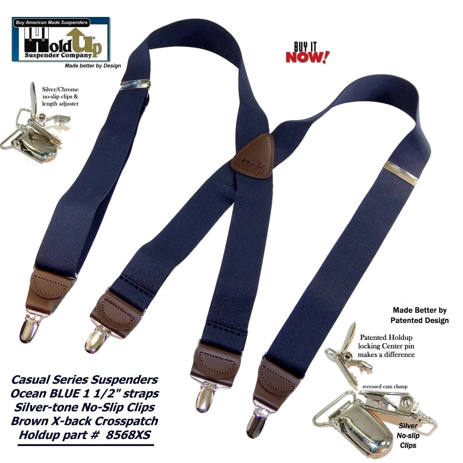 Holdup Brand Ocean Blue Casual Series Men's Suspenders in X-back Style and USA Patented No-slip Silver-tone Clips