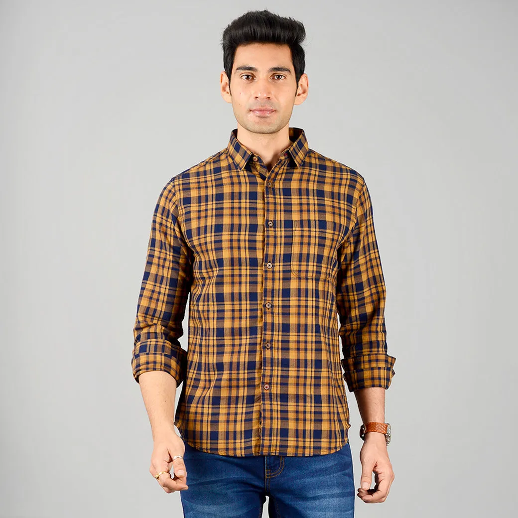 Honey Yellow & Blue Checked Slim Fit Casual Shirt | Greenfibre