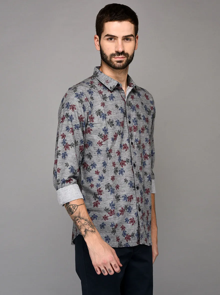 JadeBlue Grey & Red Printed Slim Fit Casual Shirt | JadeBlue