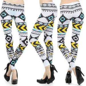 Leggings S M L Aztec Tribal Yellow Mint Bright Stretch Full Length Pants