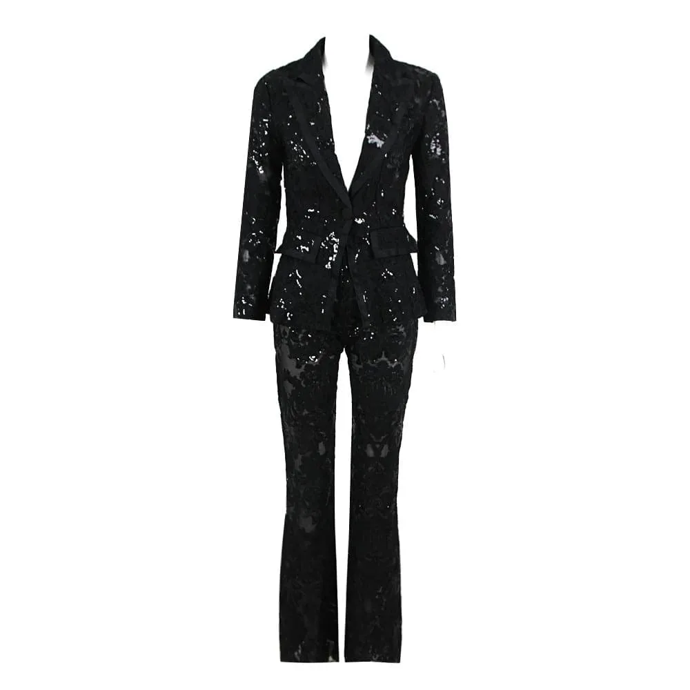 Leigh Lacework Sequined Blazer With Flare Pants