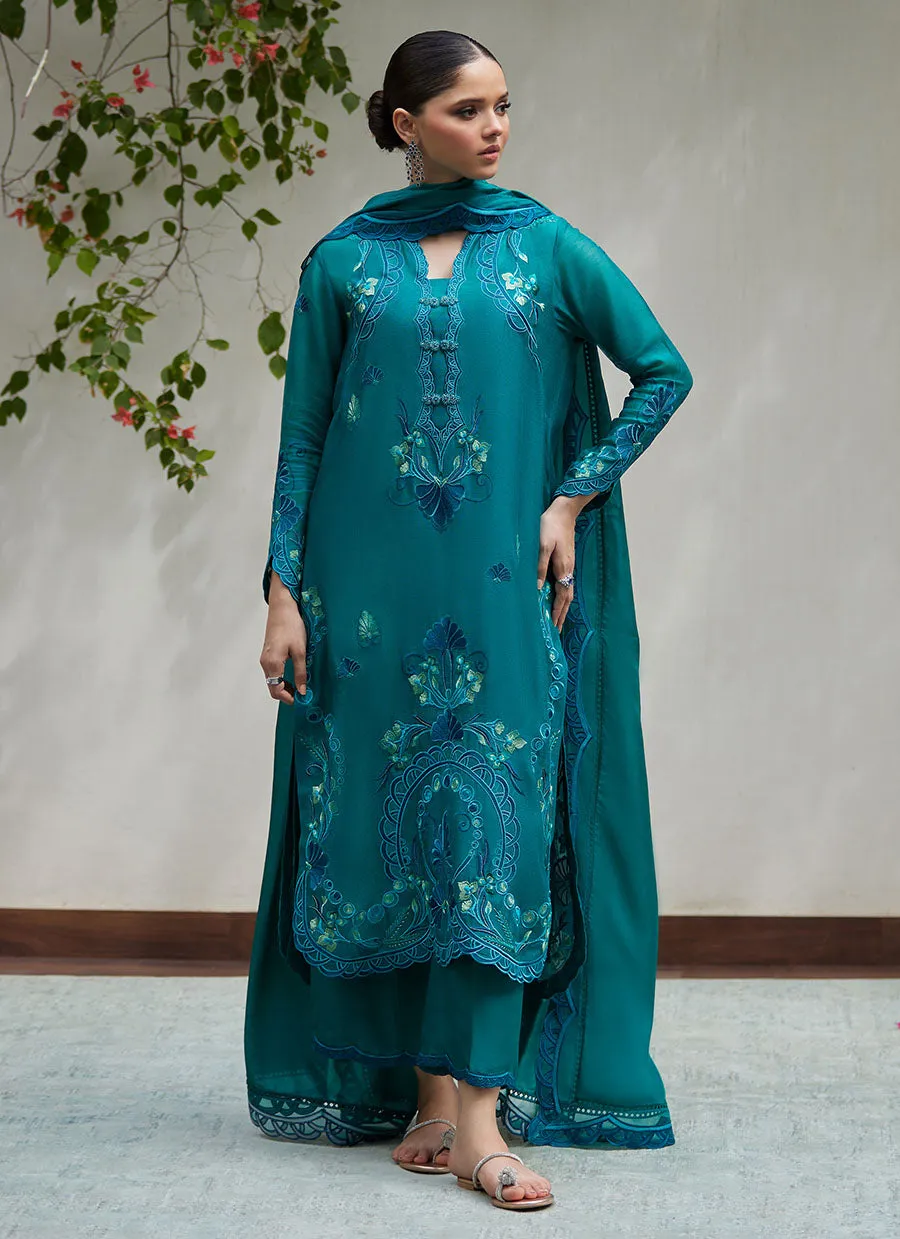 Leona Emerald Embroidered Cotton Net Shirt with Silk Dupatta