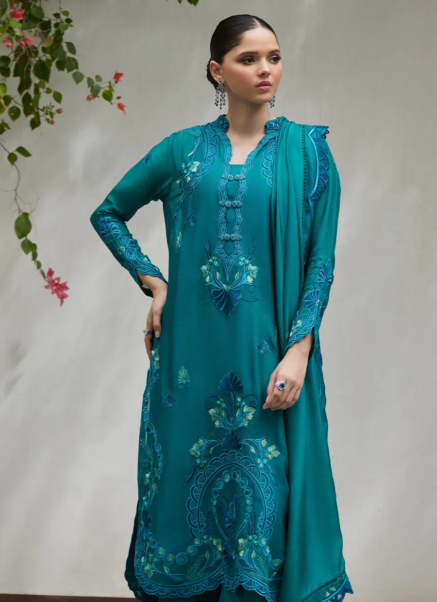 Leona Emerald Embroidered Cotton Net Shirt with Silk Dupatta