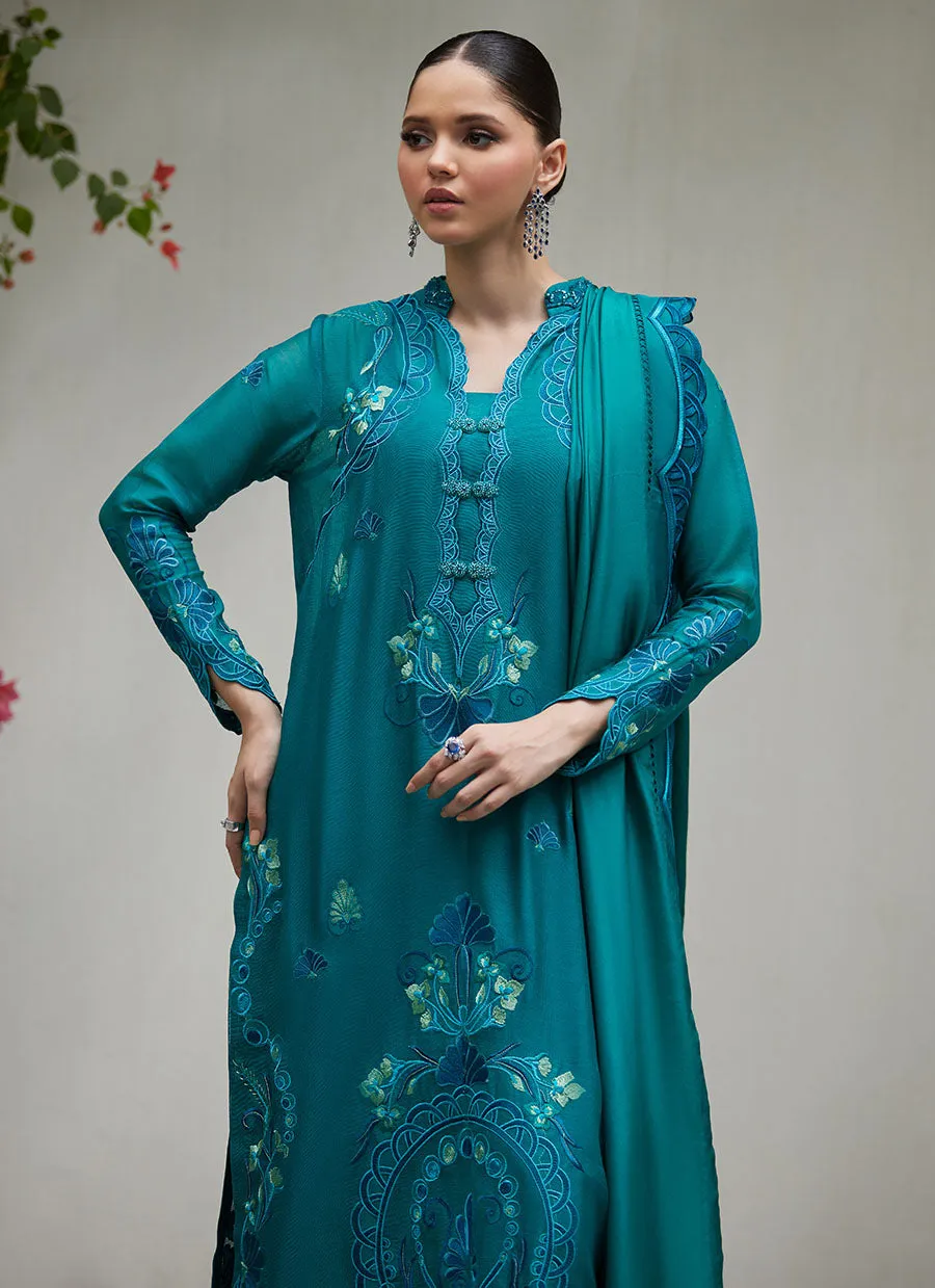 Leona Emerald Embroidered Cotton Net Shirt with Silk Dupatta