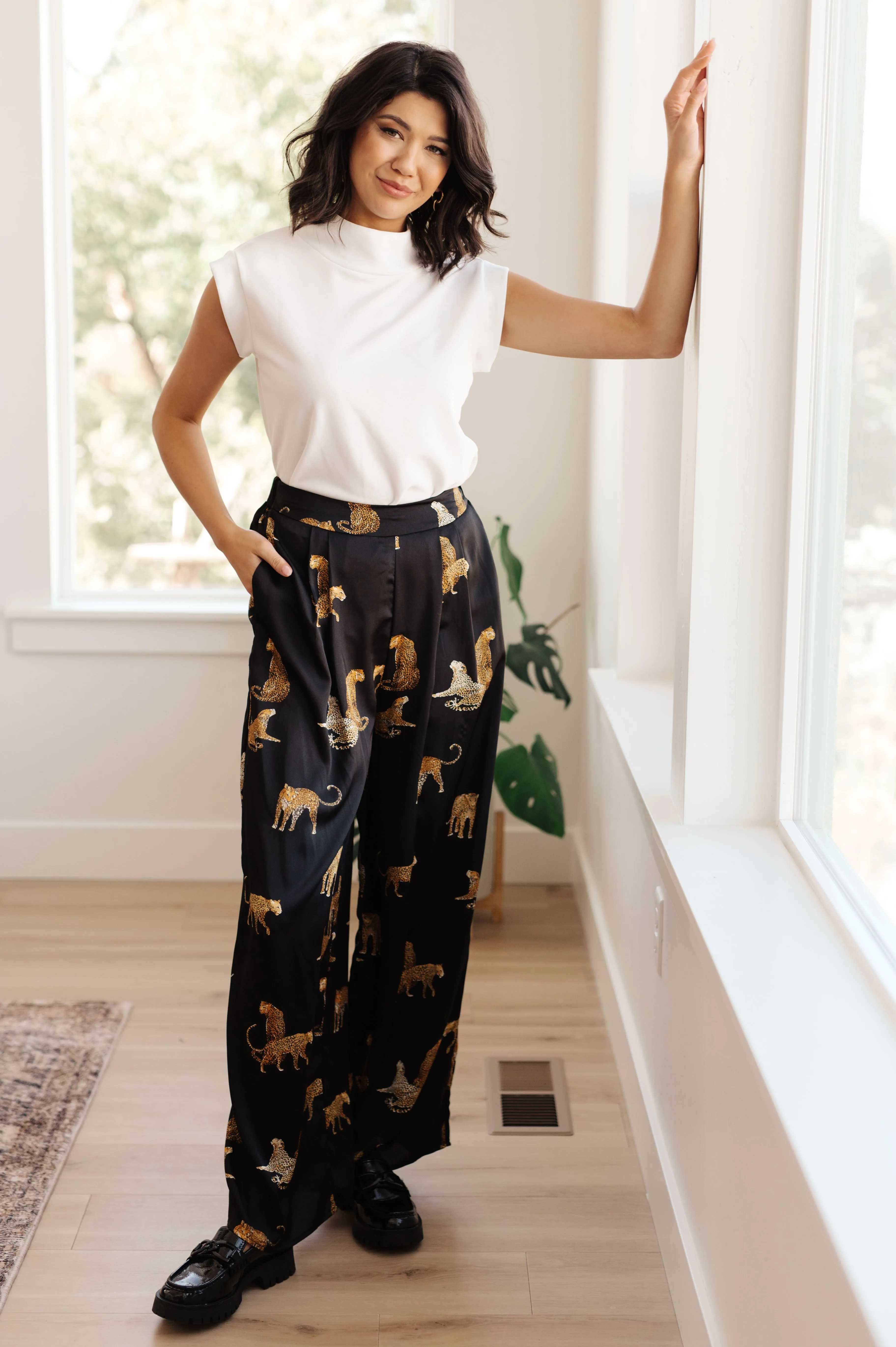 Leopard Satin Wide Leg Pants