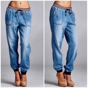 Light Denim Elastic Pull On Waist Jogger Casual Pants Womens