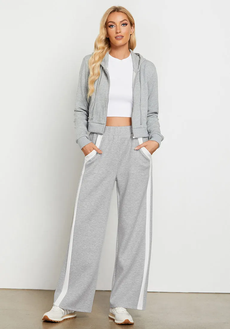 Light Heather Gray Women's Casual Elastic Waist Pants High Waisted Full Length Relaxed Fit Stretch Wide Leg Sports Wear