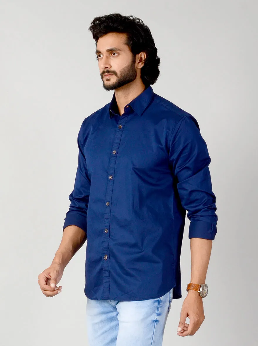 Limoges Blue Solid Slim Fit Casual Shirt | JadeBlue