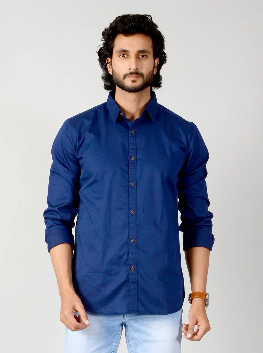 Limoges Blue Solid Slim Fit Casual Shirt | JadeBlue