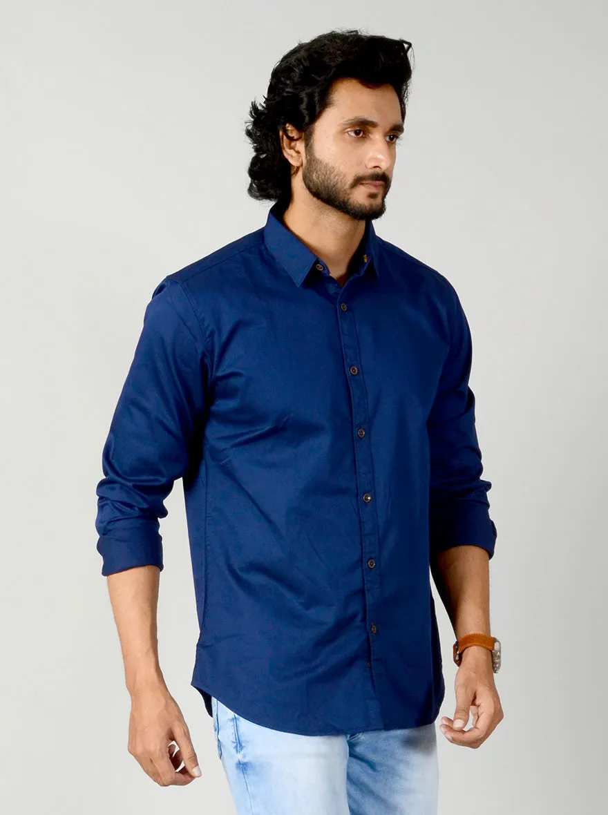 Limoges Blue Solid Slim Fit Casual Shirt | JadeBlue