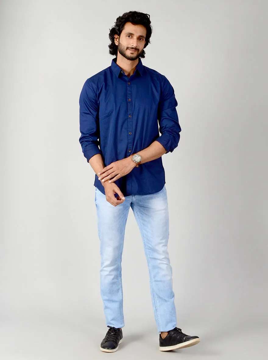 Limoges Blue Solid Slim Fit Casual Shirt | JadeBlue