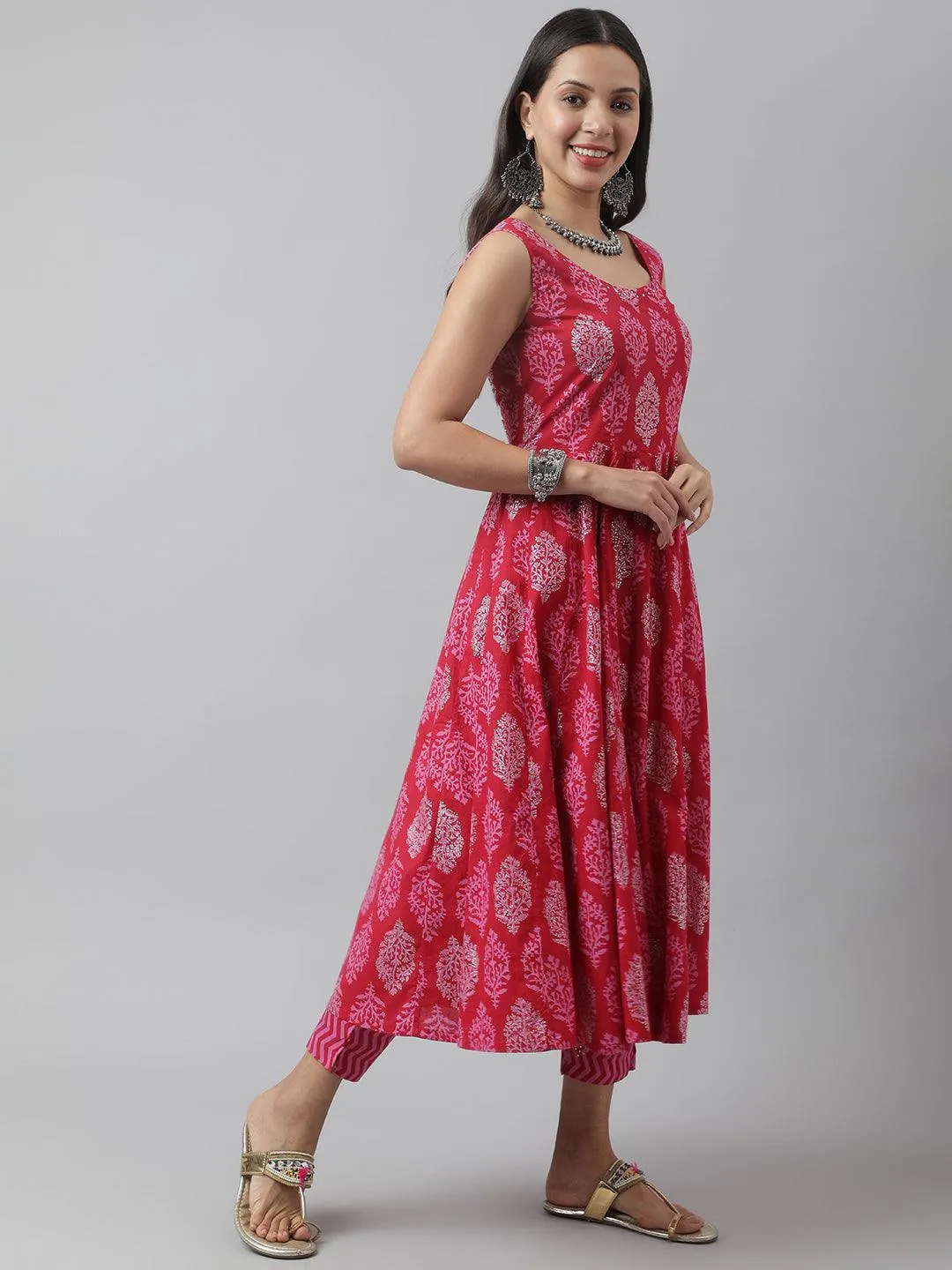 Magenta Floral Cotton Anarkali Kurta Pant Set With Dupatta