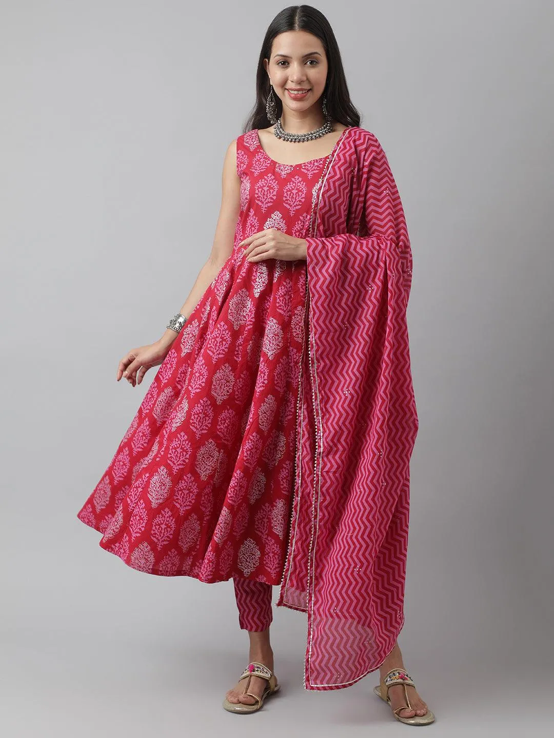 Magenta Floral Cotton Anarkali Kurta Pant Set With Dupatta