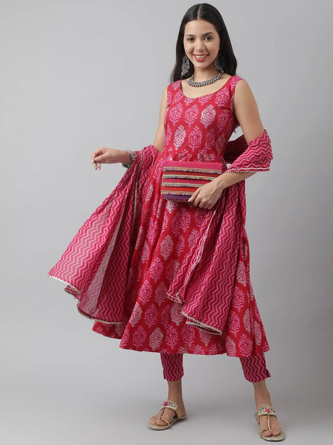 Magenta Floral Cotton Anarkali Kurta Pant Set With Dupatta