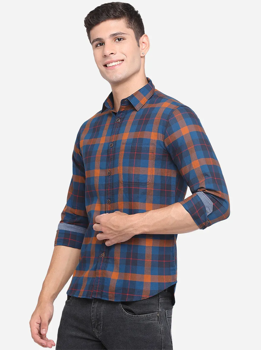 Majolica Blue  Checked Slim Fit Semi Casual Shirt | Greenfibre