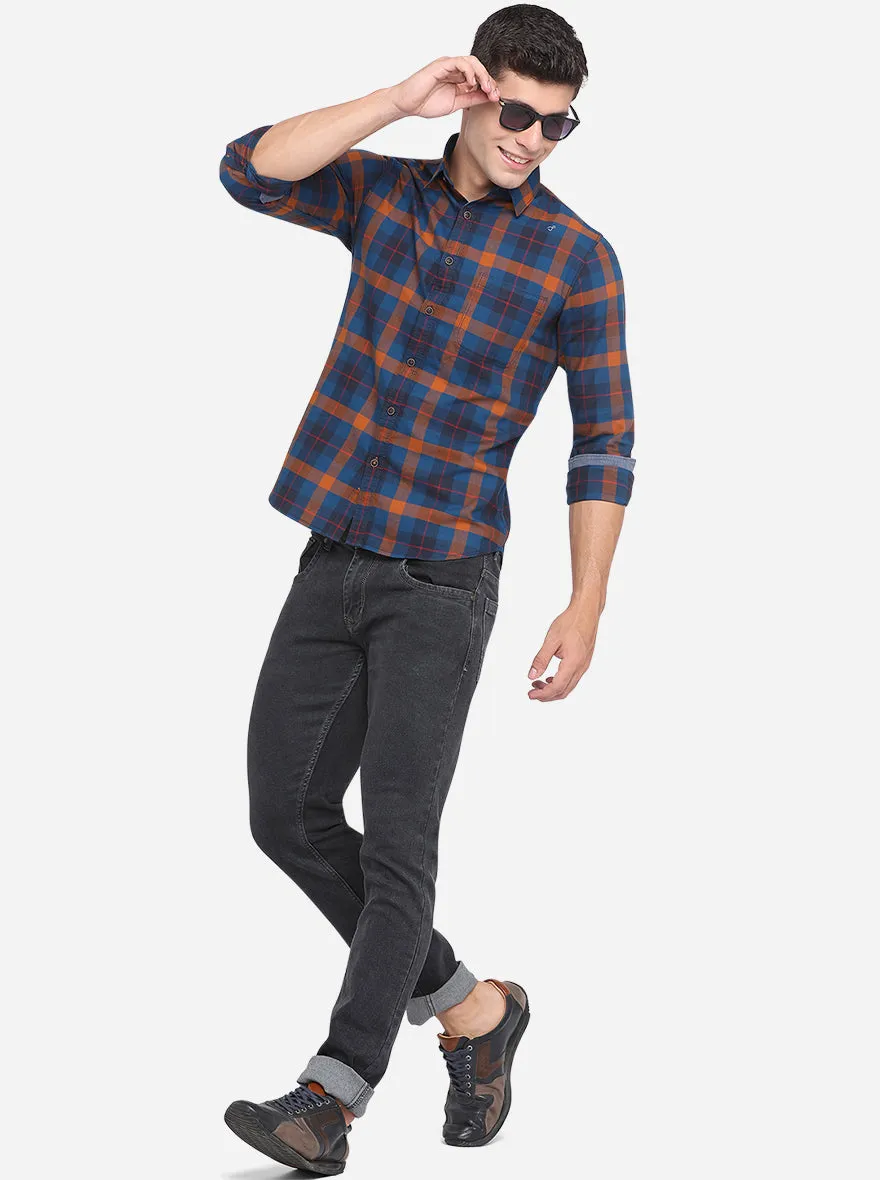 Majolica Blue  Checked Slim Fit Semi Casual Shirt | Greenfibre