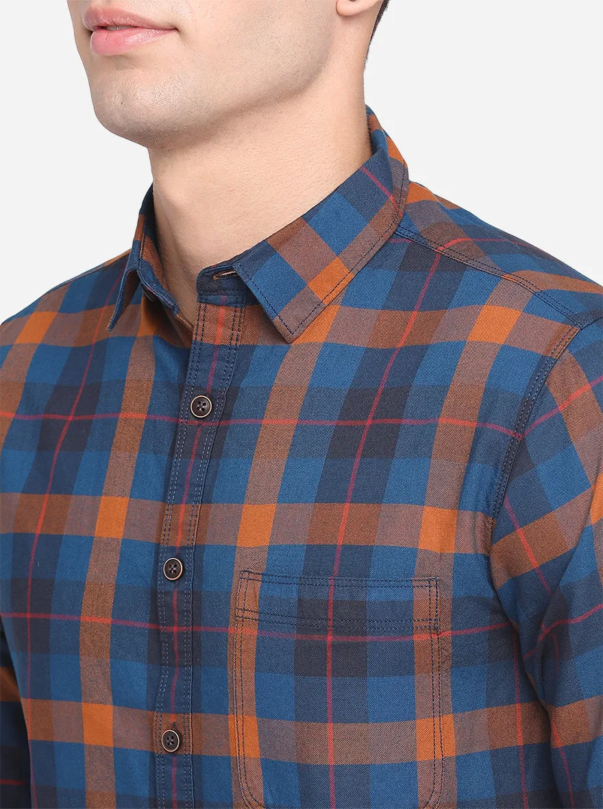 Majolica Blue  Checked Slim Fit Semi Casual Shirt | Greenfibre