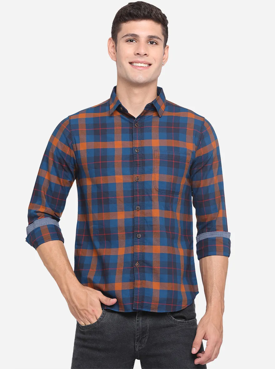 Majolica Blue  Checked Slim Fit Semi Casual Shirt | Greenfibre