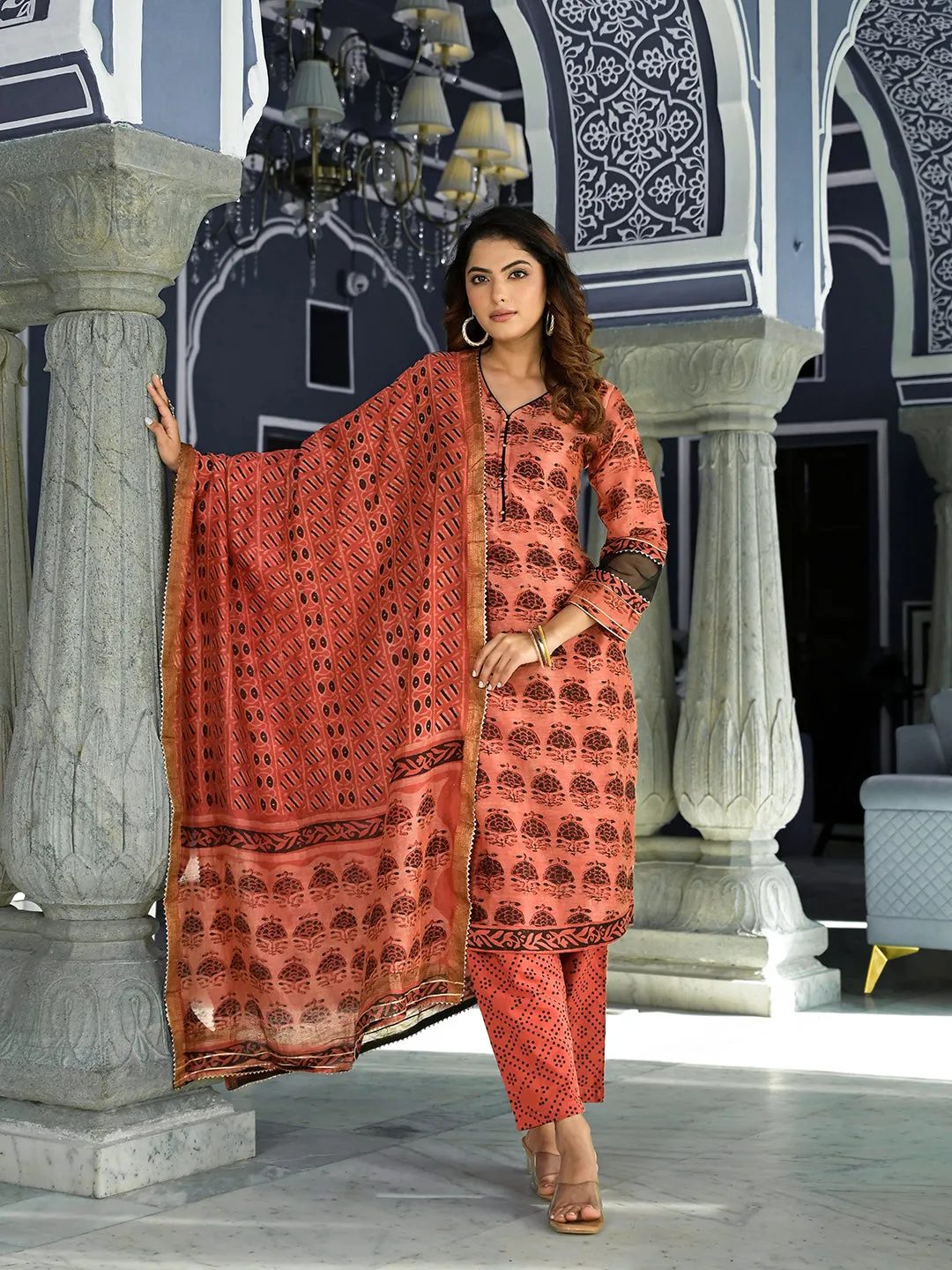 Maroon Ethnic Printed Chanderi Silk Kurta Set With Maheshwari Silk Dupatta