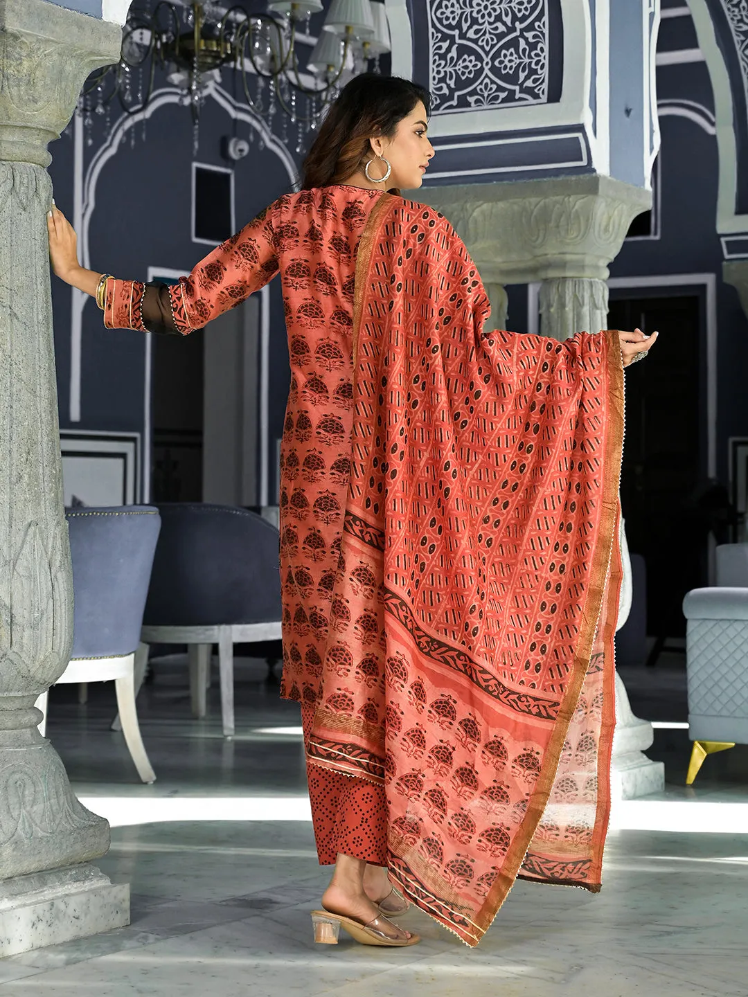 Maroon Ethnic Printed Chanderi Silk Kurta Set With Maheshwari Silk Dupatta