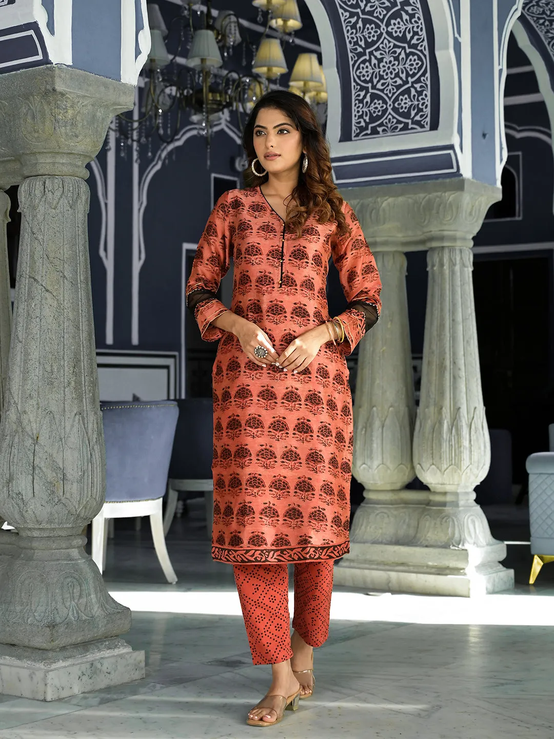 Maroon Ethnic Printed Chanderi Silk Kurta Set With Maheshwari Silk Dupatta