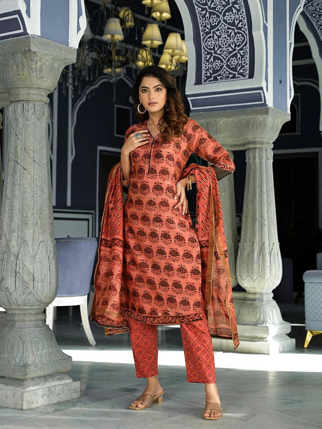 Maroon Ethnic Printed Chanderi Silk Kurta Set With Maheshwari Silk Dupatta