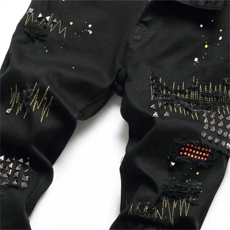 Men's Diamond Embroidered Splash Ink Spiked Jeans