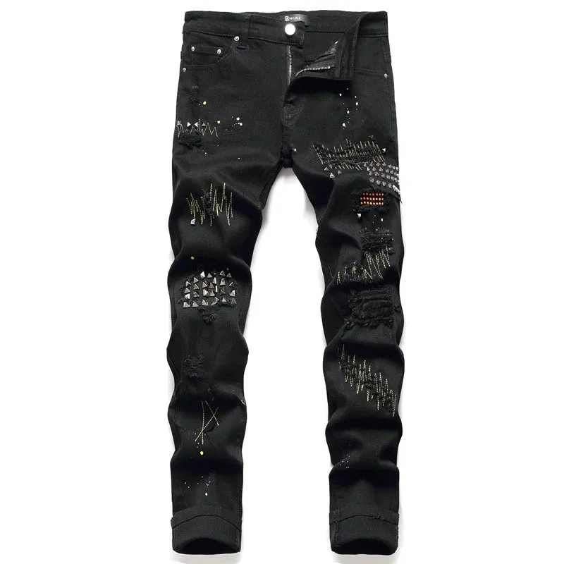 Men's Diamond Embroidered Splash Ink Spiked Jeans