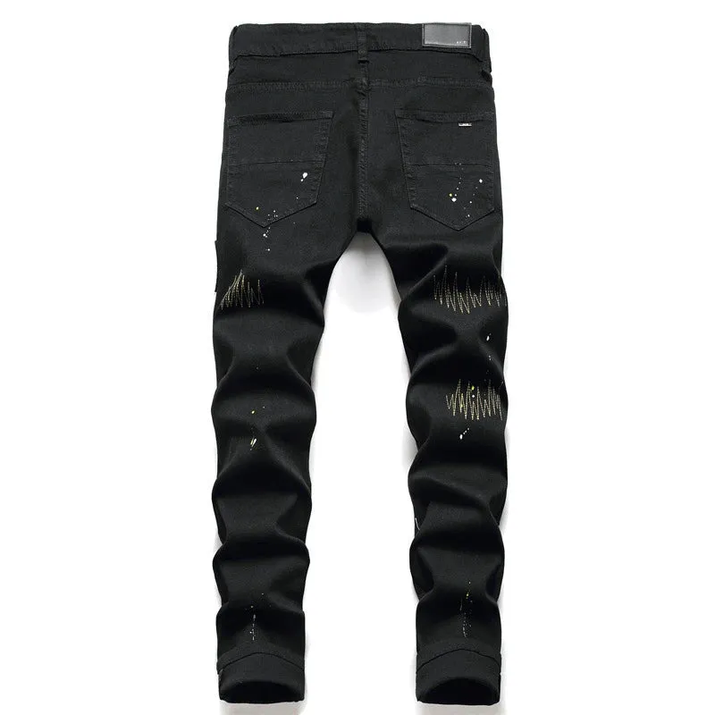 Men's Diamond Embroidered Splash Ink Spiked Jeans