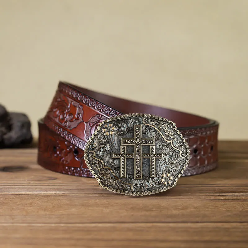 Men's DIY Western Scroll Cross Buckle Leather Belt