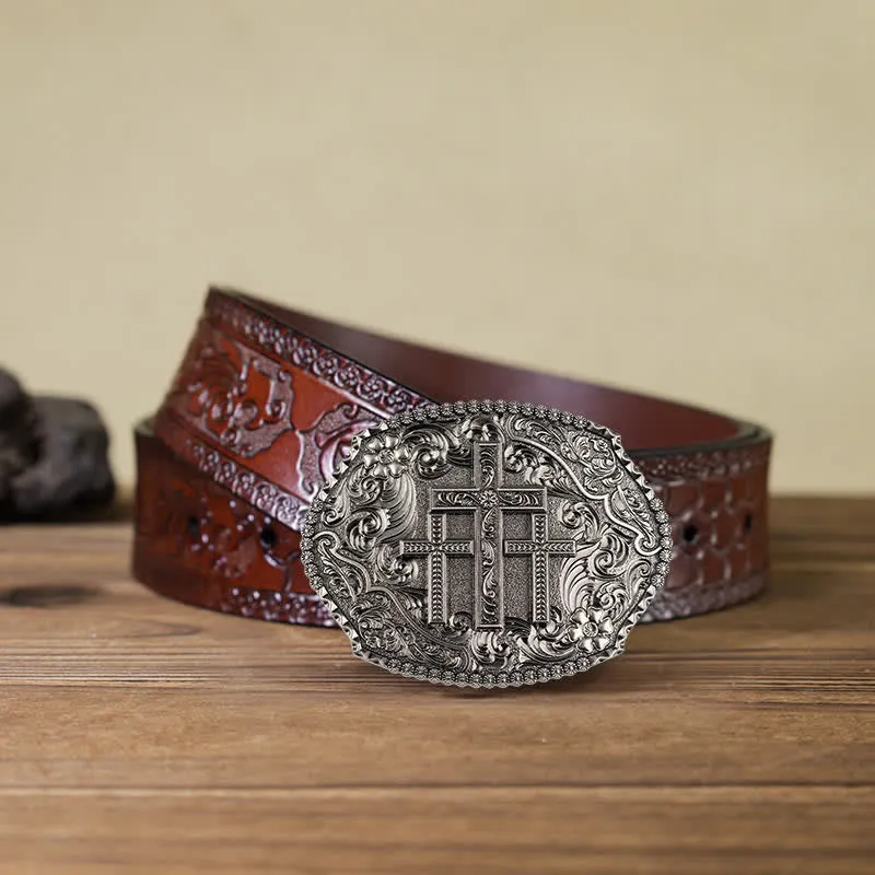 Men's DIY Western Scroll Cross Buckle Leather Belt