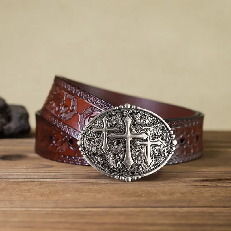 Men's DIY Western Scroll Cross Buckle Leather Belt