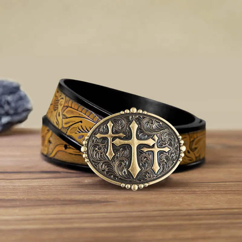 Men's DIY Western Scroll Cross Buckle Leather Belt