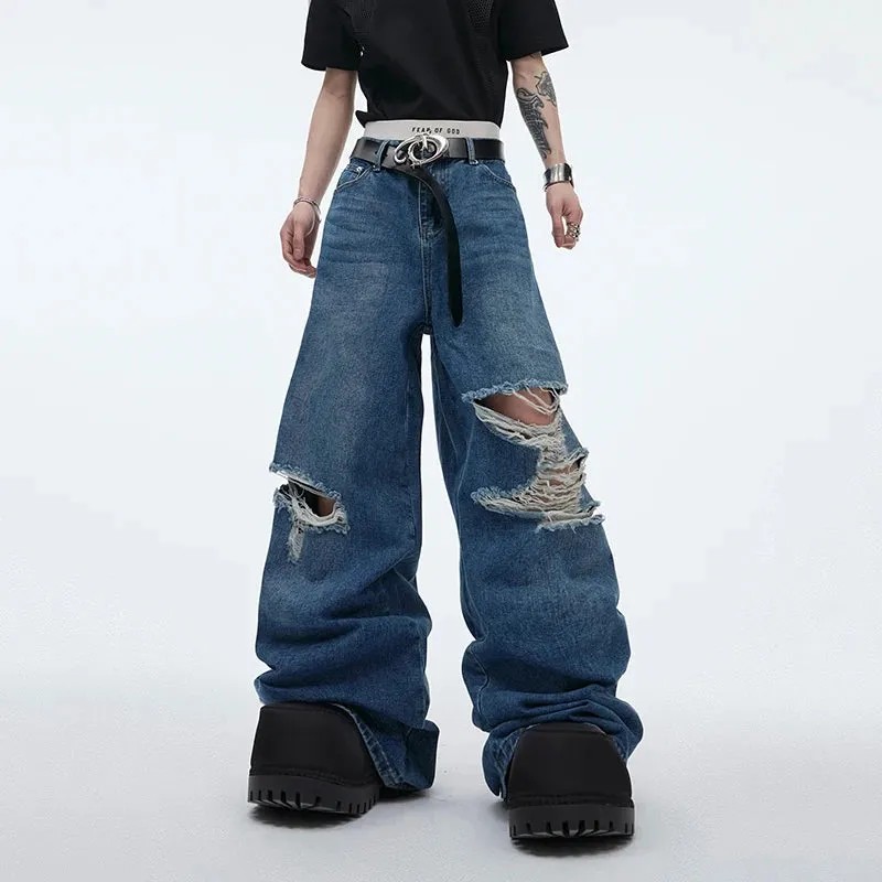 Men's Jeans Summer Stylish Hole Broken Tassel Wide Legged Bottom Dragon Embroidery Loose Denim Pants Tide 24Y167