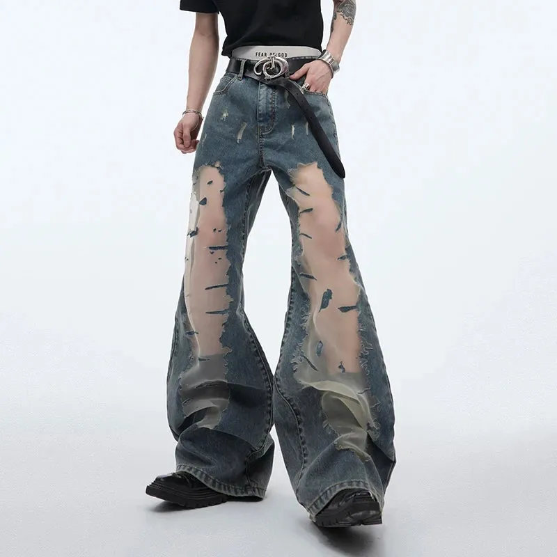 Men's Mesh Spliced Jeans Hollowed Out Gradual Niche Design Flare Pants Denim Patchwork Male Summer Fashion Trend 24Y165